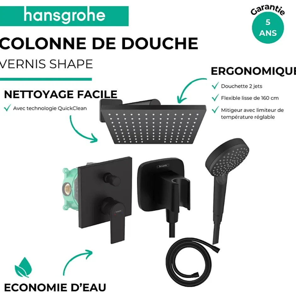 Hansgrohe Colonne de douche encastrée mécanique Vernis Shape Douche de tête Vernis Shape Flexible Isiflex Douchette Vernis noir* Colonne De Douche Encastrable