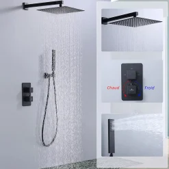 Homelody Colonne de Douche Encastrée Noir Système de Douche Thermostat en Laiton avec Tête de Douche Carrée 30x30CM