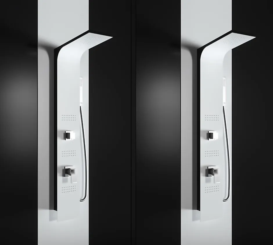 Laneri Colonne de douche hydromassage en aluminium verni en poudre blanche mat (frontal) et noir mat (lateral)