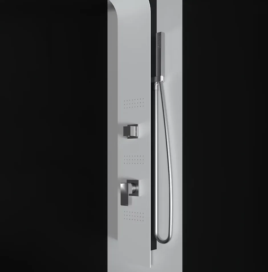 Laneri Colonne de douche hydromassage en aluminium verni en poudre blanche mat (frontal) et noir mat (lateral)