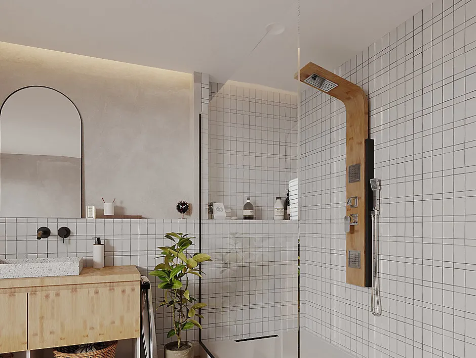 Vente-unique Colonne de douche hydromassante, pluie tropicale et panneau en bambou - 22 x 145 cm - DALIMA* Colonne De Douche Mécanique