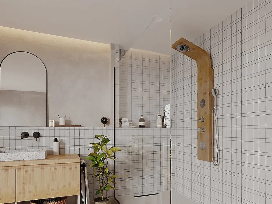 Vente-unique Colonne de douche hydromassante, pluie tropicale et panneau en bambou - 20 x 140 cm - TISSIA* Colonne De Douche Mécanique