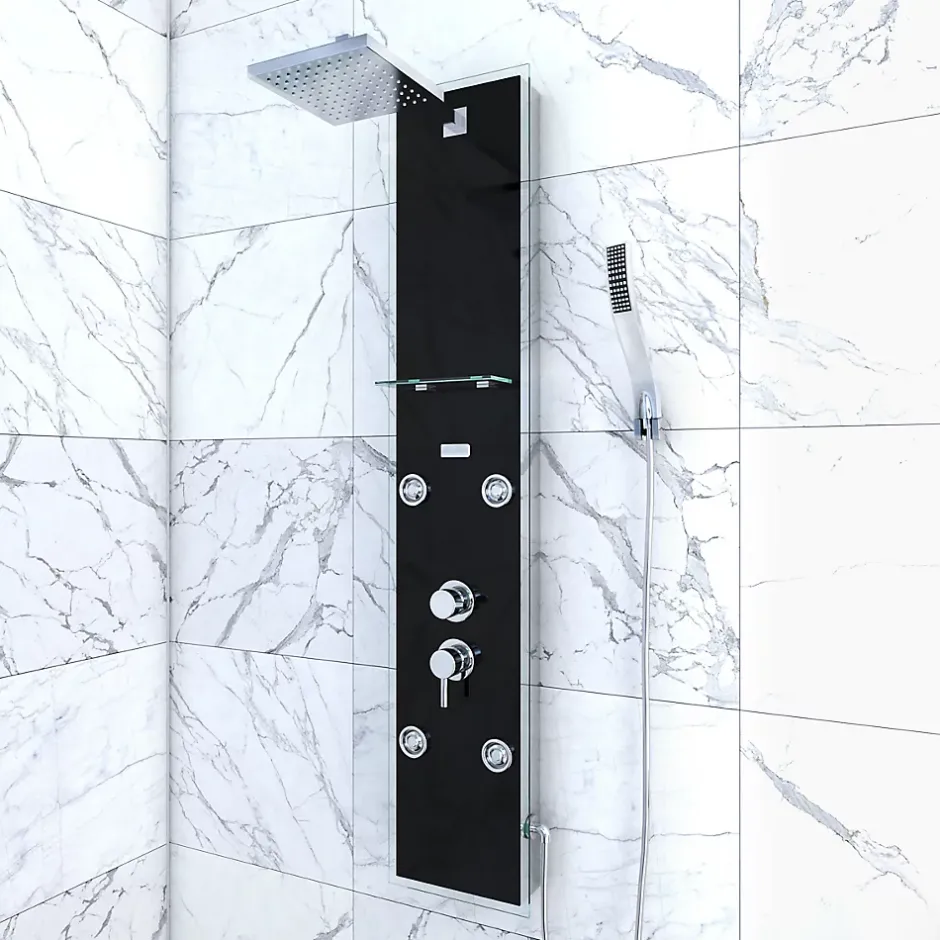 Galedo Colonne de douche hydromassante mécanique avec pommeau + douchette + flexible, noir, Glass* Colonne De Douche Hydromassante