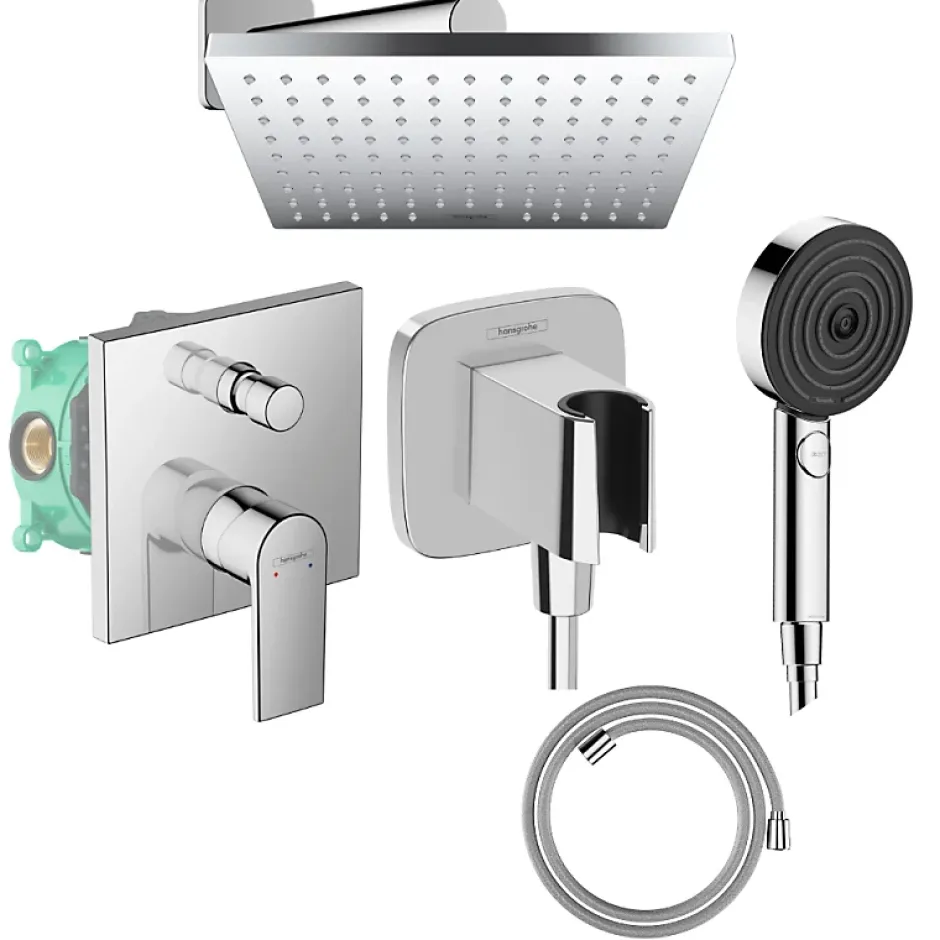 Hansgrohe Colonne de douche mécanique Vernis Shape Douche de tête Vernis Shape Flexible Designflex Douchette Pulsify chromé