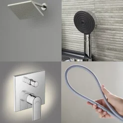 Hansgrohe Colonne de douche mécanique Vernis Shape Douche de tête Vernis Shape Flexible Designflex Douchette Pulsify chromé