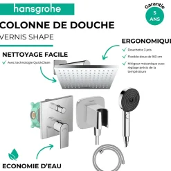Hansgrohe Colonne de douche mécanique Vernis Shape Douche de tête Vernis Shape Flexible Designflex Douchette Pulsify chromé