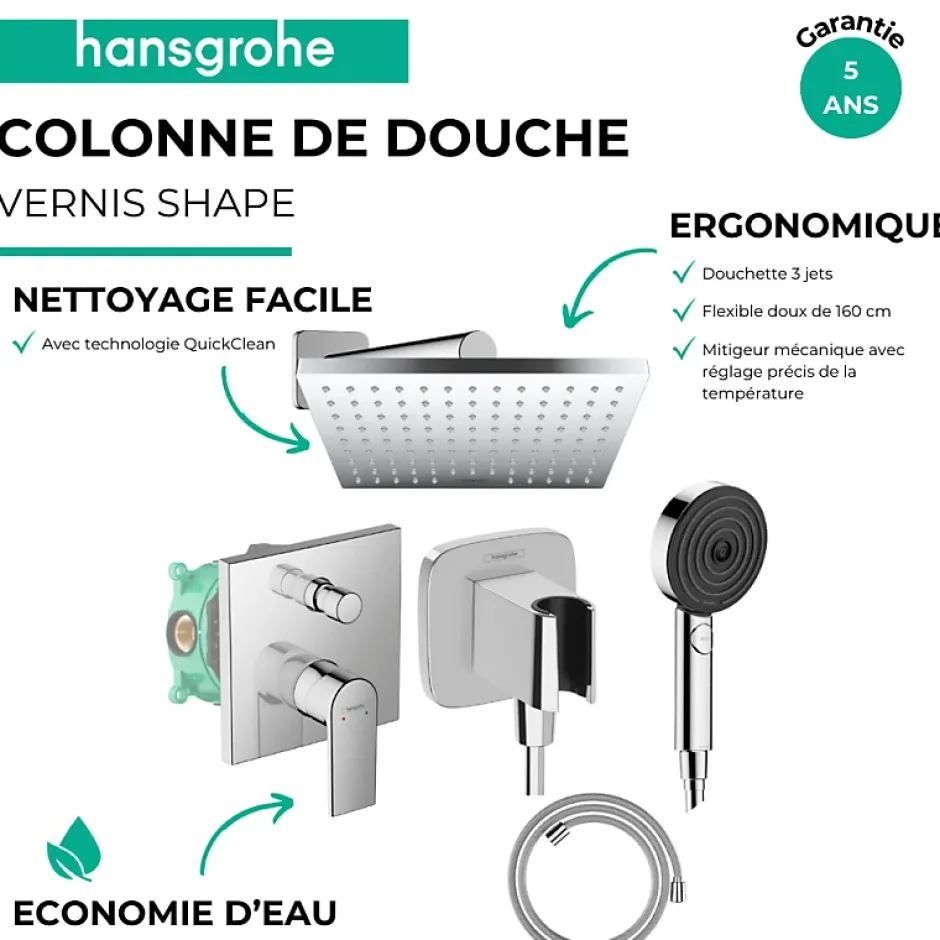 Hansgrohe Colonne de douche mécanique Vernis Shape Douche de tête Vernis Shape Flexible Designflex Douchette Pulsify chromé