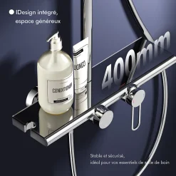 Homelody Colonne de Douche Mécanique avec Étagère 40 cm et Cascade Douchette 5 Jets et Jet Pluie Hauteur Réglable 940 a 1200 mm Chromé