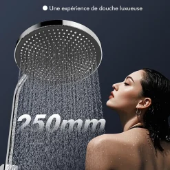 Homelody Colonne de Douche Mécanique avec Étagère 40 cm et Cascade Douchette 5 Jets et Jet Pluie Hauteur Réglable 940 a 1200 mm Chromé
