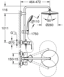 Grohe Colonne de douche mécanique avec pommeau + douchette 3 jets + flexible + barre réglable, chrome, Vitalio Joy System 260* Colonne De Douche Mécanique
