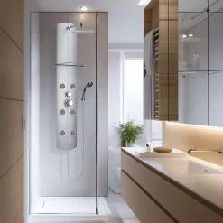 Valentin Colonne de douche mécanique hydromassante 6 buses avec tablette, pomme de tête, douchette 3 jets et flexible, gris, Totem Alu* Colonne De Douche Hydromassante