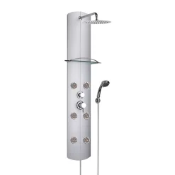 Valentin Colonne de douche mécanique hydromassante 6 buses avec tablette, pomme de tête, douchette 3 jets et flexible, gris, Totem Alu* Colonne De Douche Hydromassante