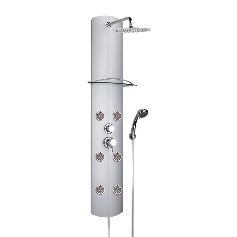 Valentin Colonne de douche mécanique hydromassante 6 buses avec tablette, pomme de tête, douchette 3 jets et flexible, gris, Totem Alu* Colonne De Douche Hydromassante
