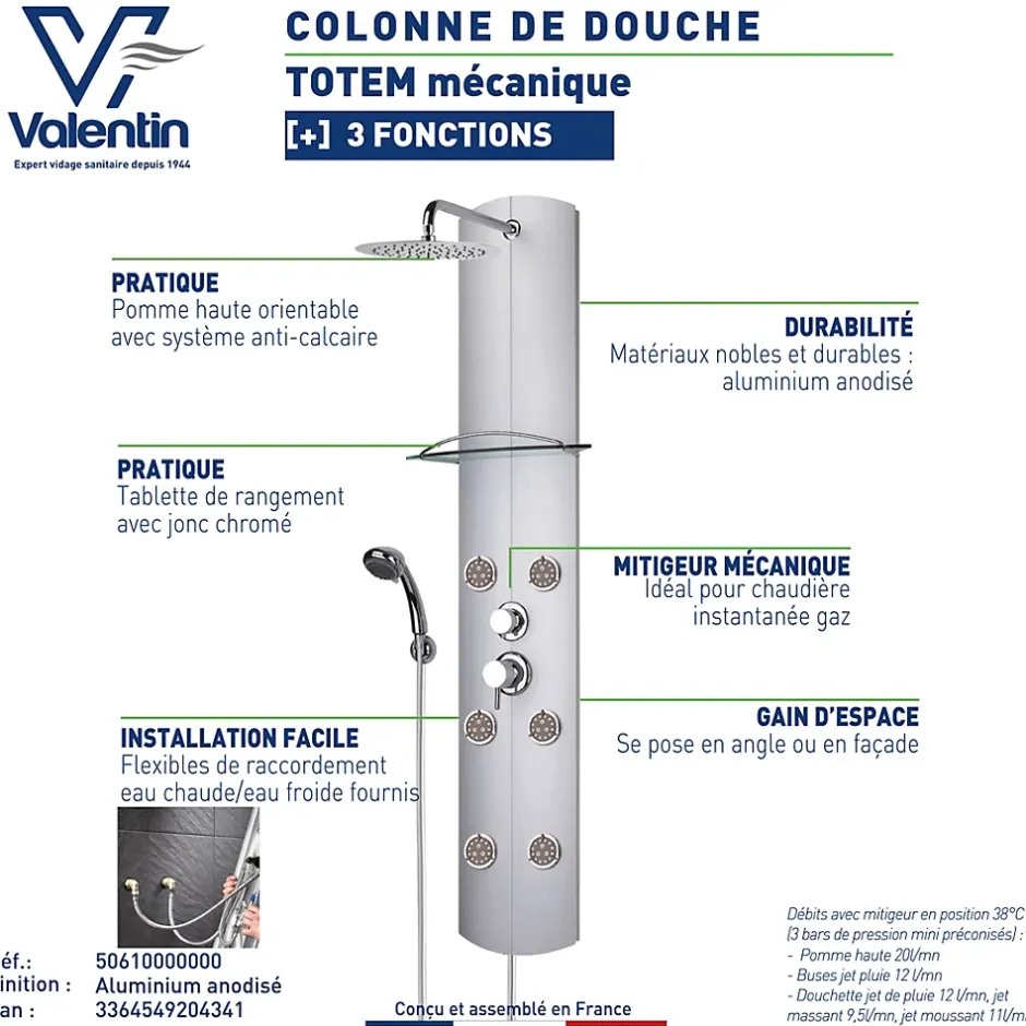 Valentin Colonne de douche mécanique hydromassante 6 buses avec tablette, pomme de tête, douchette 3 jets et flexible, gris, Totem Alu* Colonne De Douche Hydromassante