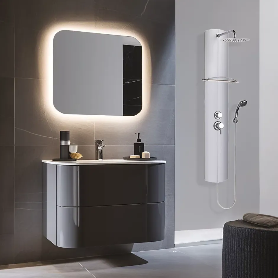 Valentin Colonne de douche mécanique avec pomme de tête, douchette et flexible, en aluminuim anodisé gris, Totmy