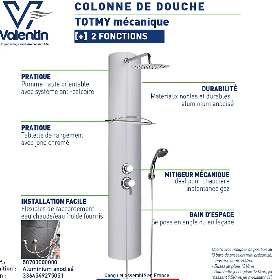 Valentin Colonne de douche mécanique avec pomme de tête, douchette et flexible, en aluminuim anodisé gris, Totmy