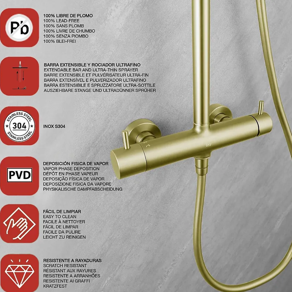 Poalgi Colonne de douche mécanique avec barre extensible SKY BATH or brossé PVD série PROMISE