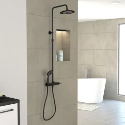 Galedo Colonne de douche mécanique avec pommeau + douchette 2 jets + flexible + barre réglable, noir mat, Arty* Colonne De Douche Mécanique