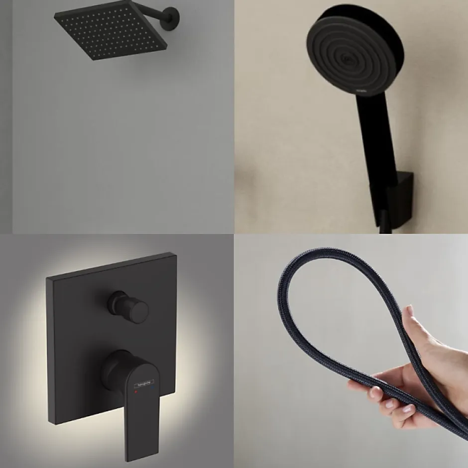 Hansgrohe Colonne de douche mécanique Vernis Shape Douche de tête Vernis Shape Flexible Designflex Douchette Pulsify noir