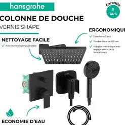 Hansgrohe Colonne de douche mécanique Vernis Shape Douche de tête Vernis Shape Flexible Designflex Douchette Pulsify noir