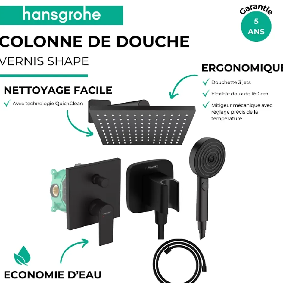 Hansgrohe Colonne de douche mécanique Vernis Shape Douche de tête Vernis Shape Flexible Designflex Douchette Pulsify noir