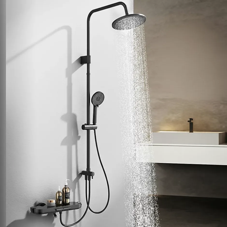 Homelody Colonne de Douche Mecanique avec Étagère Ensemble de Douche Douchette et Tête de Douche Hauteur Réglable 839 à 1164 mm ABS Noir