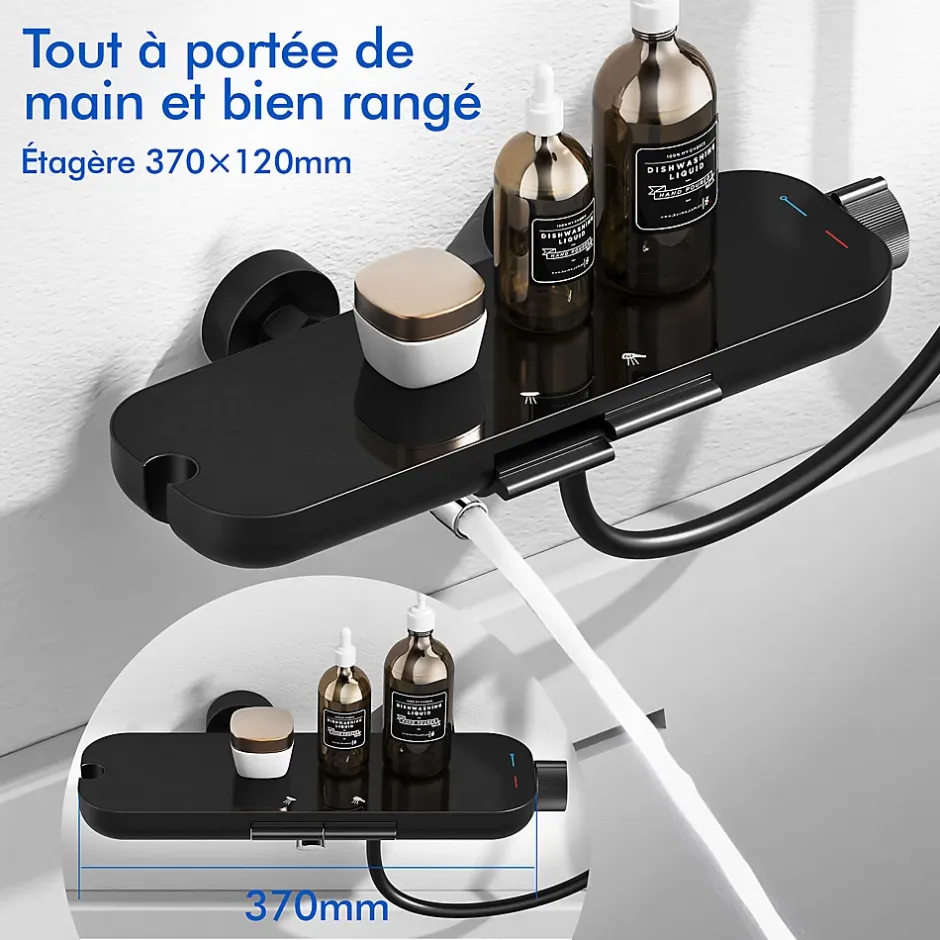 Homelody Colonne de Douche Mecanique avec Étagère Ensemble de Douche Douchette et Tête de Douche Hauteur Réglable 839 à 1164 mm ABS Noir