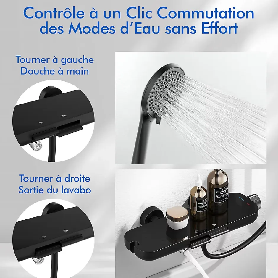 Homelody Colonne de Douche Mecanique avec Étagère Ensemble de Douche Douchette et Tête de Douche Hauteur Réglable 839 à 1164 mm ABS Noir