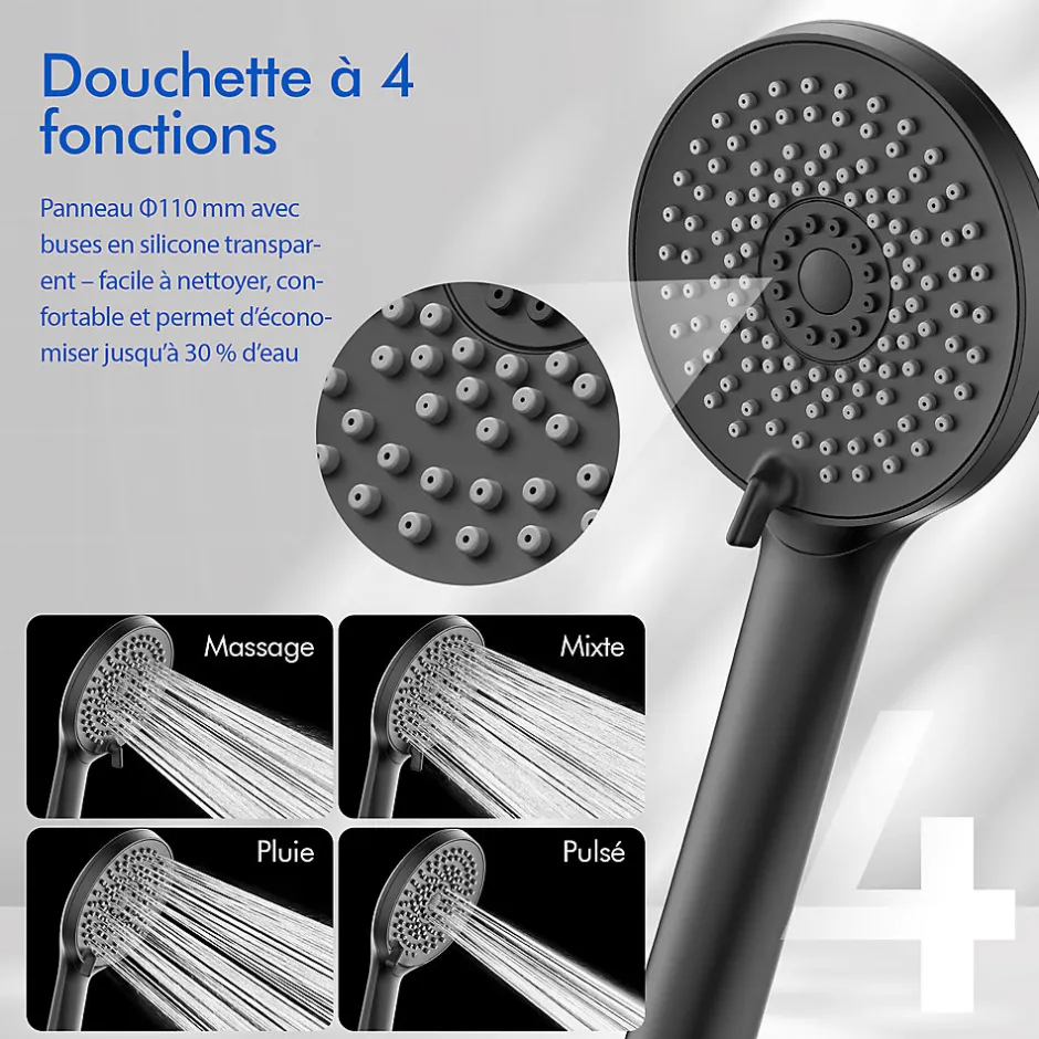 Homelody Colonne de Douche Mecanique avec Étagère Ensemble de Douche Douchette et Tête de Douche Hauteur Réglable 839 à 1164 mm ABS Noir