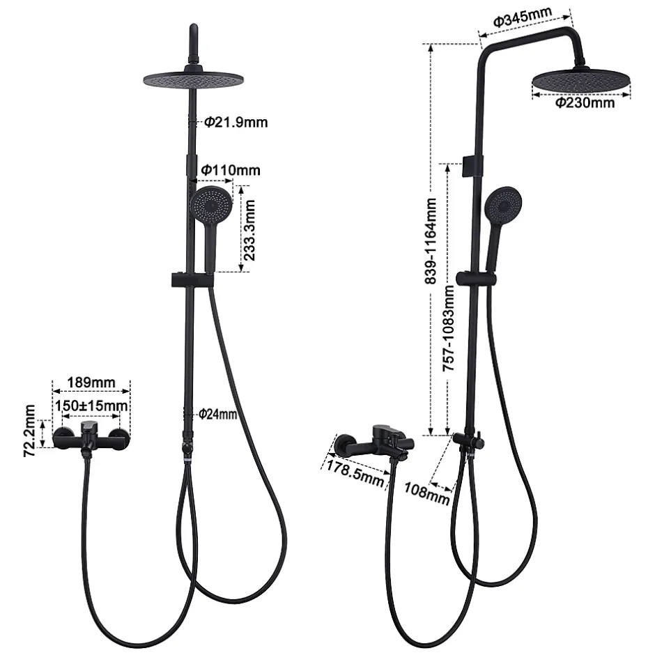 Homelody Colonne de Douche Mecanique avec Mitigeur 2 Fonctions Jet Pluie Douchette a Main Hauteur Reglable 839 a 1164 mm Inox Noir* Colonne De Douche Mécanique