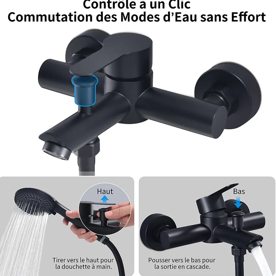Homelody Colonne de Douche Mecanique avec Mitigeur 2 Fonctions Jet Pluie Douchette a Main Hauteur Reglable 839 a 1164 mm Inox Noir* Colonne De Douche Mécanique