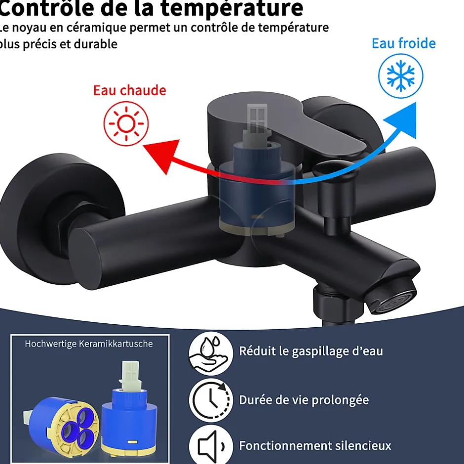 Homelody Colonne de Douche Mecanique avec Mitigeur 2 Fonctions Jet Pluie Douchette a Main Hauteur Reglable 839 a 1164 mm Inox Noir* Colonne De Douche Mécanique