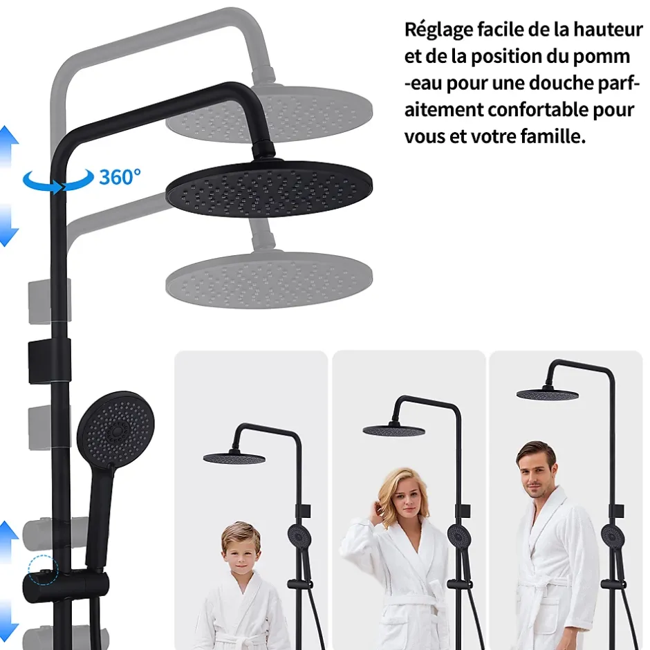 Homelody Colonne de Douche Mecanique avec Mitigeur 2 Fonctions Jet Pluie Douchette a Main Hauteur Reglable 839 a 1164 mm Inox Noir* Colonne De Douche Mécanique