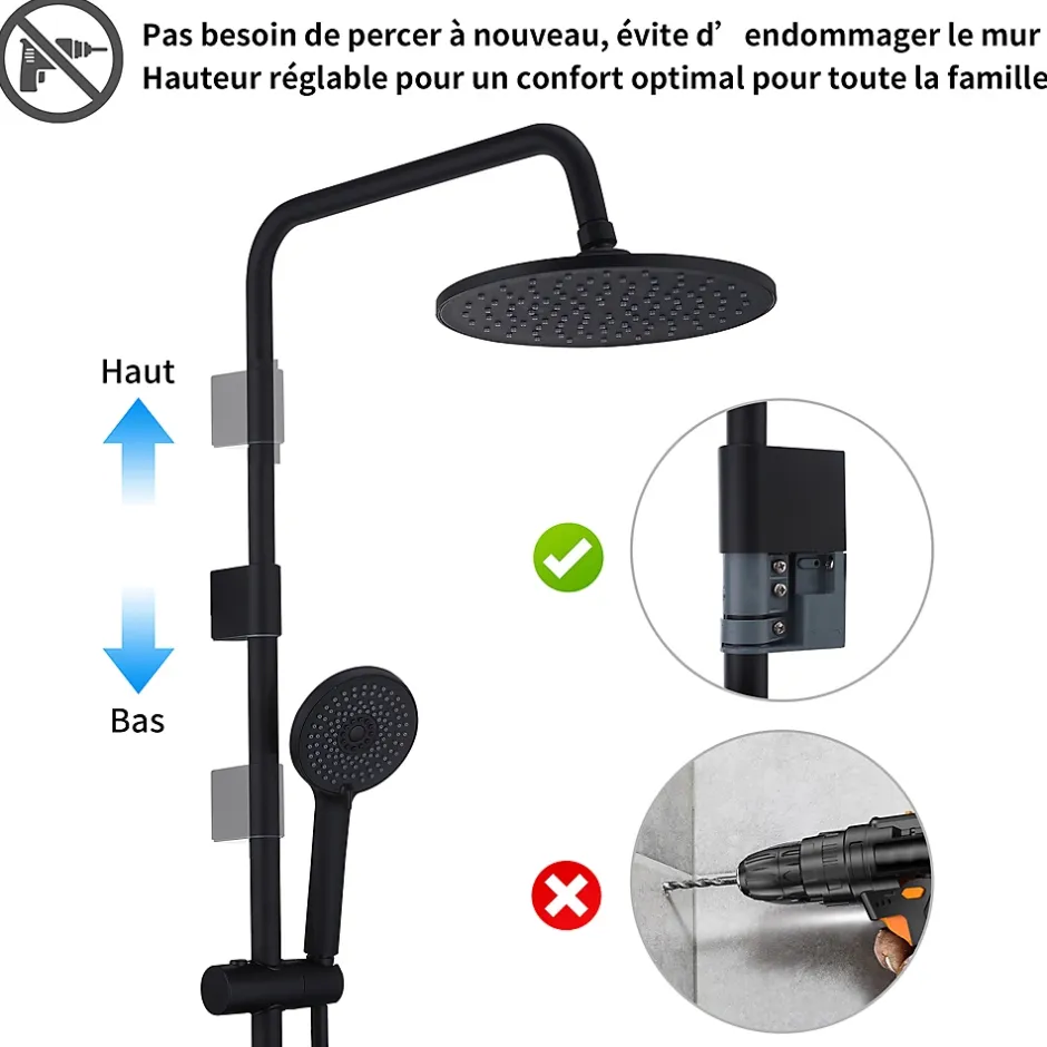 Homelody Colonne de Douche Mecanique avec Mitigeur 2 Fonctions Jet Pluie Douchette a Main Hauteur Reglable 839 a 1164 mm Inox Noir* Colonne De Douche Mécanique