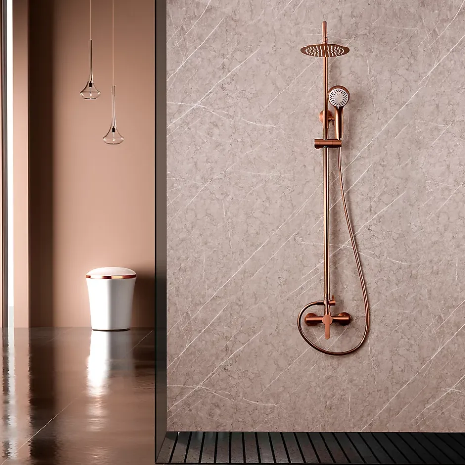 Imex Products Colonne de douche mitigeur or rose acier et laiton tête plate anticalcaire manche incluse* Colonne De Douche Encastrable