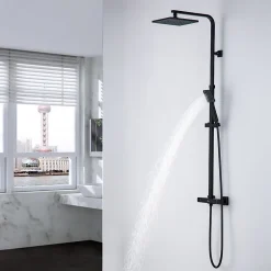 Auralum Max Colonne de Douche Noir avec Mitigeur Thermostatique 2 Fonctions Ensemble de Douche Noir en Laiton, Haute Réglable 110-137 cm