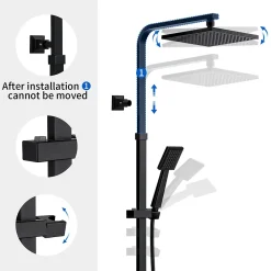 Auralum Max Colonne de Douche Noir avec Mitigeur Thermostatique 2 Fonctions Ensemble de Douche Noir en Laiton, Haute Réglable 110-137 cm