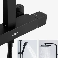 Auralum Max Colonne de Douche Noir avec Mitigeur Thermostatique 2 Fonctions Ensemble de Douche Noir en Laiton, Haute Réglable 110-137 cm