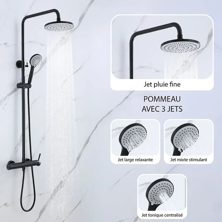 Dileci Colonne de douche noir mat - 2 fonctions -