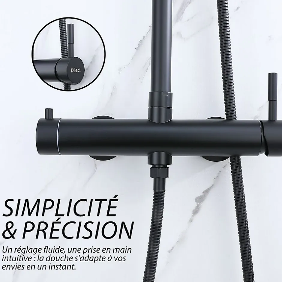 Dileci Colonne de douche noir mat - 2 fonctions -