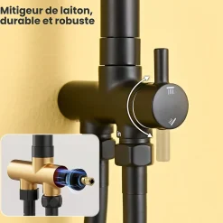 Auralum Max Colonne de Douche, Réglable Hauteur avec Étagère Douche Set kit Douche sans Robinet avec Pommeau Douche Rond 25cm,Noir