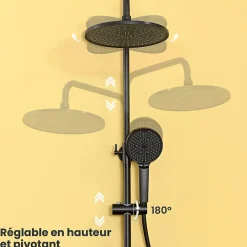 Auralum Max Colonne de Douche, Réglable Hauteur avec Étagère Douche Set kit Douche sans Robinet avec Pommeau Douche Rond 25cm,Noir