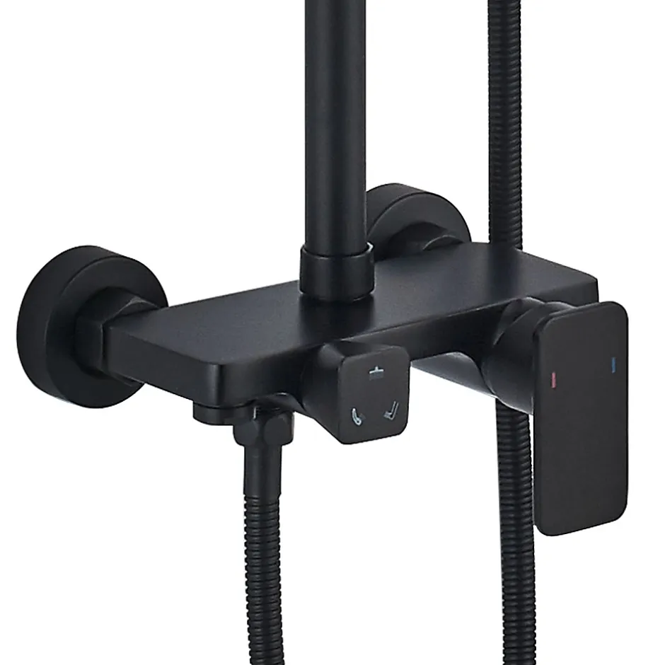 Kibath Colonne de douche ronde monocommande 3 voies REY, 96-136 cm, finition NOIR mat, en laiton* Colonne De Douche Mécanique