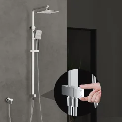 Homelody Colonne de Douche sans Mitigeur Systeme Effet Pluie avec Douchette Hauteur Reglable 900 a 1200 mm Laiton et Inox Chrome