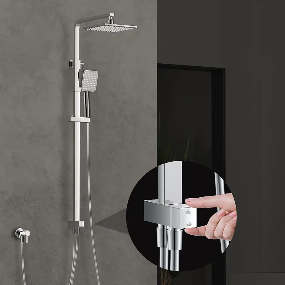 Homelody Colonne de Douche sans Mitigeur Systeme Effet Pluie avec Douchette Hauteur Reglable 900 a 1200 mm Laiton et Inox Chrome
