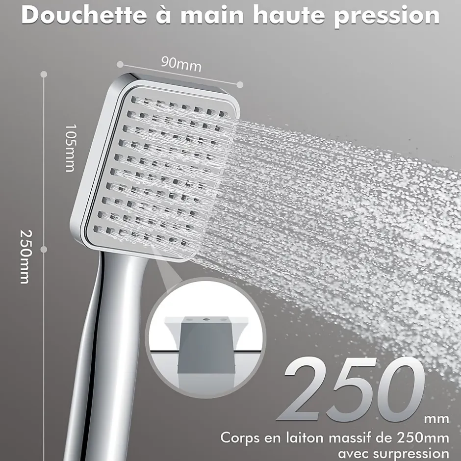Homelody Colonne de Douche sans Mitigeur Systeme Effet Pluie avec Douchette Hauteur Reglable 900 a 1200 mm Laiton et Inox Chrome