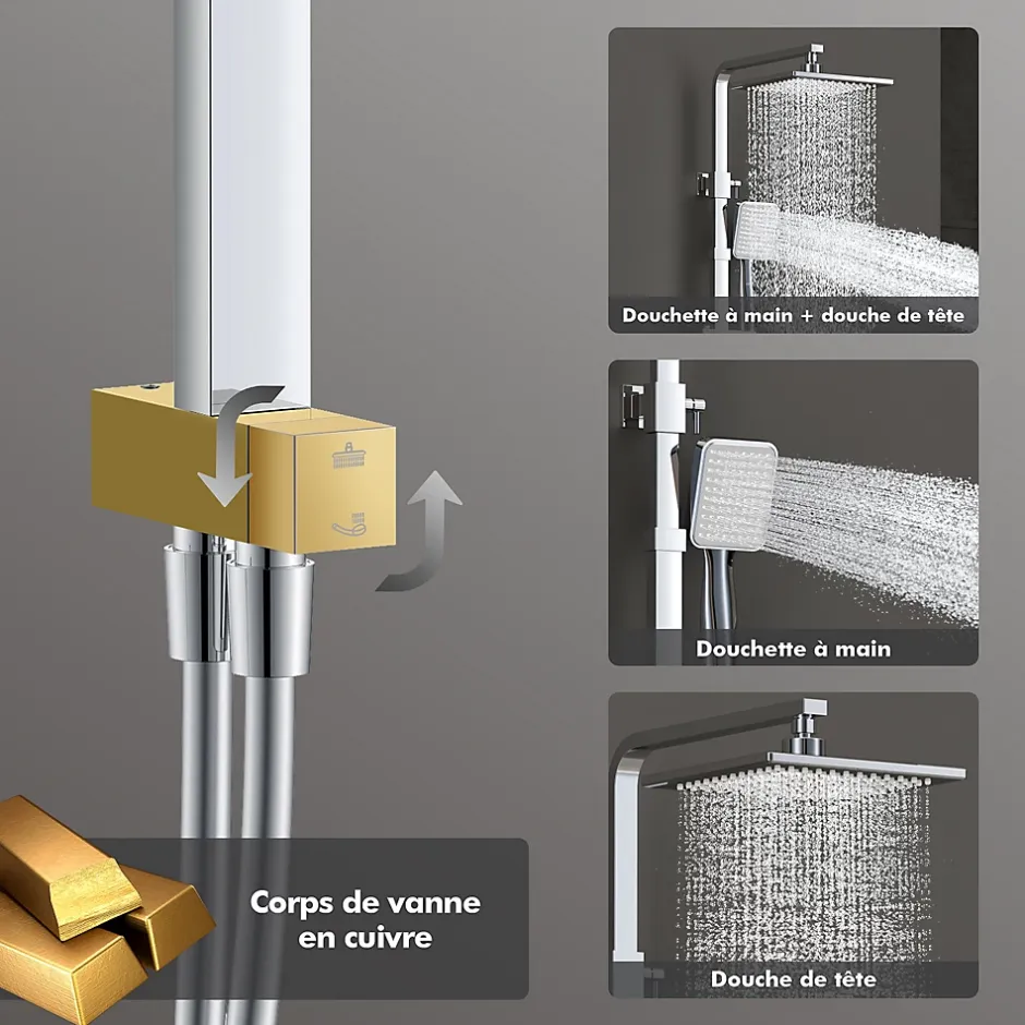 Homelody Colonne de Douche sans Mitigeur Systeme Effet Pluie avec Douchette Hauteur Reglable 900 a 1200 mm Laiton et Inox Chrome