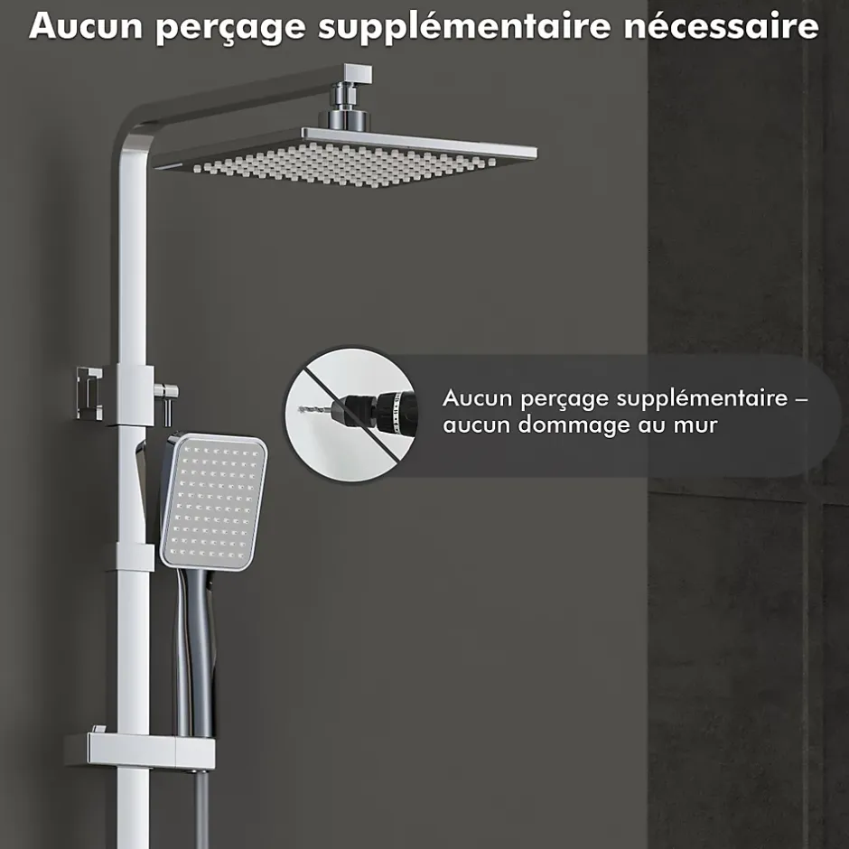 Homelody Colonne de Douche sans Mitigeur Systeme Effet Pluie avec Douchette Hauteur Reglable 900 a 1200 mm Laiton et Inox Chrome