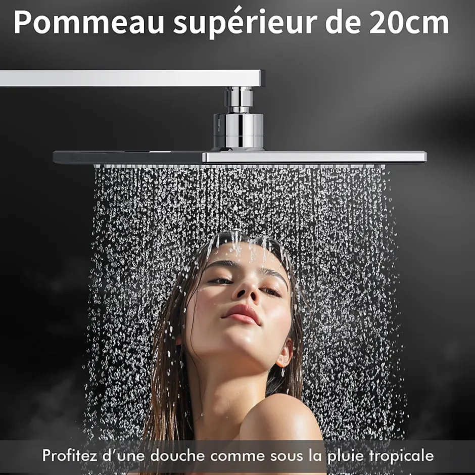 Homelody Colonne de Douche sans Mitigeur Systeme Effet Pluie avec Douchette Hauteur Reglable 900 a 1200 mm Laiton et Inox Chrome