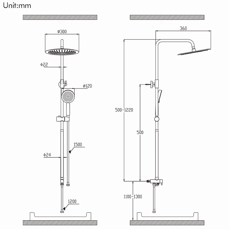 Homelody Colonne de Douche Sans Mitigeur Systeme de Douche Effet Pluie Douchette 3 Fonctions Hauteur Reglable 500 a 1220 mm Inox Noir* Colonne De Douche Sans Robinetterie